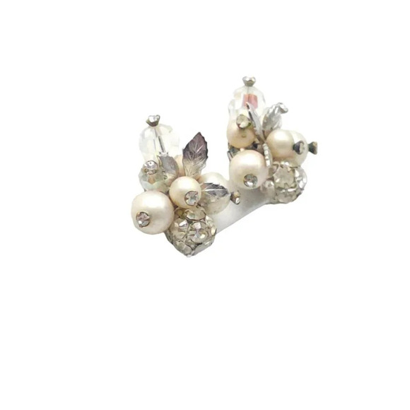 Vendome Faux Pearl Clear Rhinestone Cluster Leaf Stud Earrings Silver Tone Vinta - Picture 4 of 8